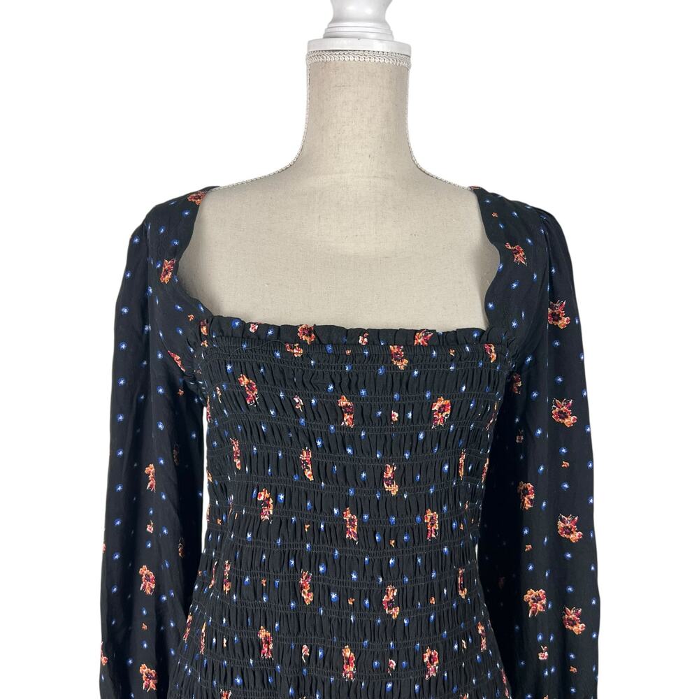 Free People Two Faces Mini Dress Black Floral Smocked Long Sleeve Size S - Picture 7 of 11